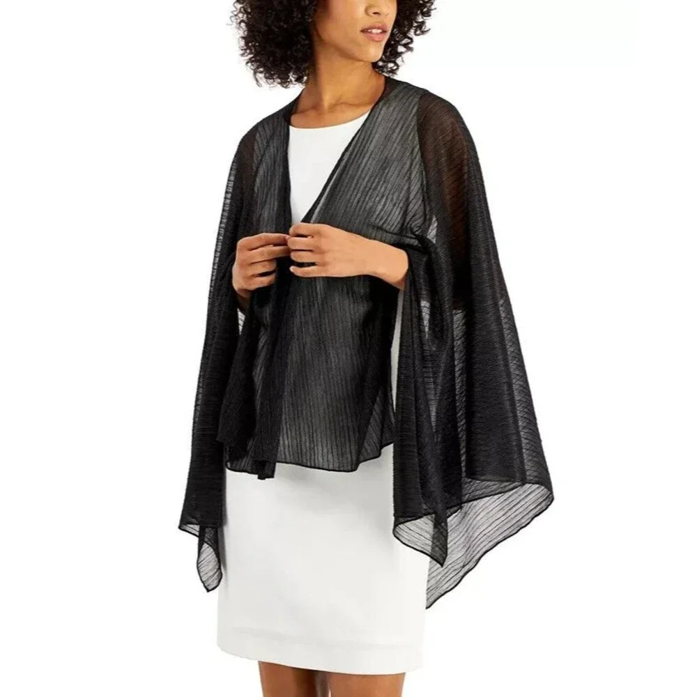 Adrianna Papell Women's Collarless Open front Asymmetrical-Hem Shawl Black OS
